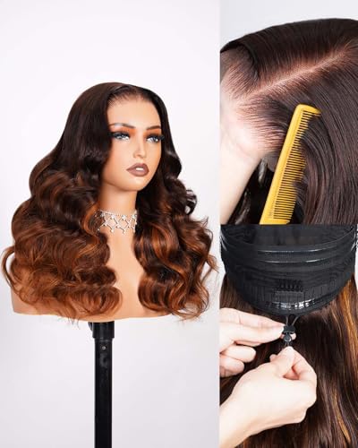 Image of Arabella 6x5 Red-Brown Gradient Bleached Glueless Human Hair Wig Pre Plucked Pre Cut 210% Density Knots Loose Body Wave 12A Pre Plucked Natural Hairline Upgraded Drawstring for Daily /Party 20 Inch