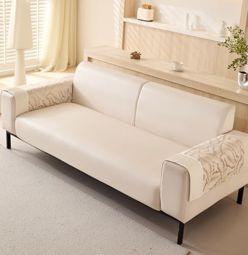 Image of House of Quirk Sofa Cover Mat Leaf Pattern Chenille Fabric Seater Sofa Slipcover Anti-Slip Stretch Seat Pad from Pets Replacement Protector (Five Seater, Beige Gold, 90x230cm)