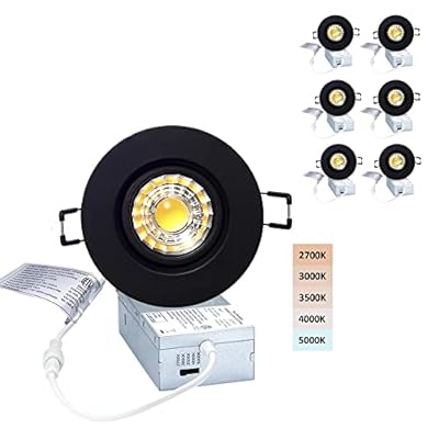 POPANU Canless Recessed Gimbal Downlight Rotatable-Spotlight 5 CCT 3 Inch Eyeball Ceilling Potlight, Dimmable Recessed Lights Fixture with Junction Box, 8W CCT Adjustable, Black Round Trim, 6 Pack