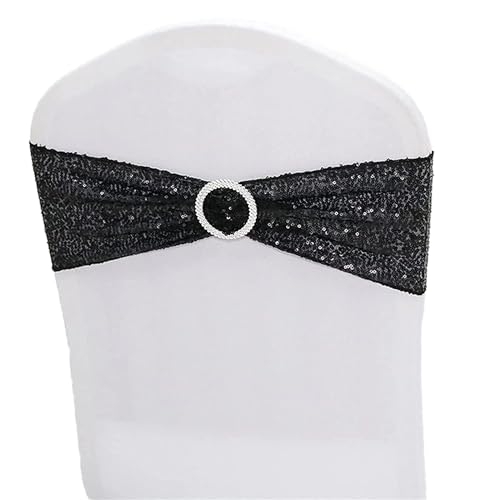 NC Sequin Chair Sashes Spandex, Pack of 20 Sequin Stretch with Buckle Chair Bands for Wedding Banquet Birthday Graduation Party Anniversary Prom Celebration Chair Decorations (Black, 20pcs)