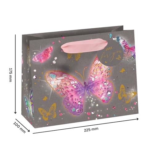 Glick Mittelgroße Geschenktüte Querformat Schmetterlinge 175 x 225 x 100 mm Luxus recycelbare Tasche für Geburtstage & Feiern