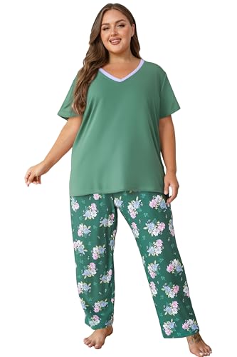 Image of Vozanet Women's Pajama Sets Short Sleeve with Long Pant Soft Sleepwear Printed pj Loungewear With TWO Pockets Size 1X to 5X
