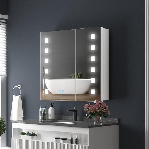 Quavikey® LED Miroir Armoire en Aluminium Miroir Armoire de Salle de Bains avec éclairage illuminé Miroir Armoire rétro-éclairage Prise Rasoir Anti-buée capteur IR commutateur 65x60cm