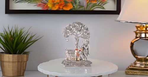 Image of Lavanaya Silver Lord Krishna with Cow Standing Under Tree Playing Flute Silver Plated Figurine (12x8x17cm), Floral