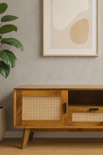 Image of Premium Solid Wood, 10 Minutes Assembly (Legs Only), Aesthetic Rattan Doors, Mid Century Entertainment Center for Living Room, TV Stand for 65 inch TV, Dark Chocolate (Light Honey With Drawar)