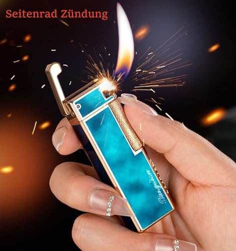 Encendedor clásico de rueda lateral, recargable, cuerpo metálico con diseño en resina miniatura 2