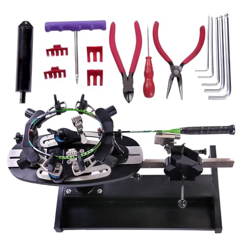 Badmintonschläger Besaitungsmaschine, 6-Punkt Feste Tischplatte Manuelle Besaitungsmaschine mit Werkzeugen und Zubehör, Handkurbel/360°-Rotation/Einstellbare 5-Zahn Klemme, für Personal/Arena/Schule