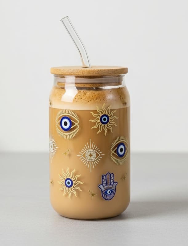 Image of THE UMBRELLA STORE Evil Eye Glass Tumbler Bamboo Lid and Straw, Coffee Tumbler, Reusable Glass (Evil Eye)