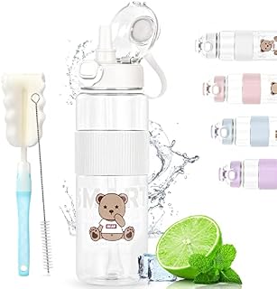 1 Litre Water Bottle, Leak Proof Drinks Bottle with Bottle Brush, Sports Water Bottle with Straw, Cute Clear Water Bottle for School Gym Office and Sports