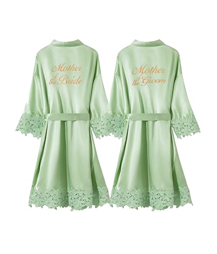 Image of Crystal Dew 2 Pcs Mother of the Bride Groom Robe with Lace Trim Embroidery Bridal Satin Kimono Robes for Wedding Day