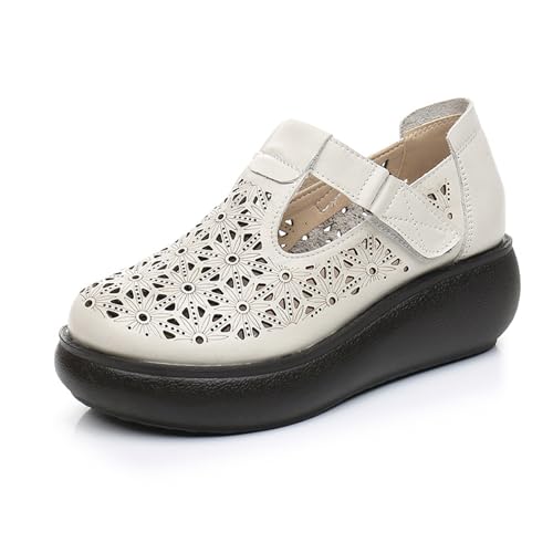 Image of Women's Leather Hollow Platform Rocking Walking Orthopedic Loafers with Adjustable Hook and Loop Comfort Round Toe Breathable Soft Non-Slip Bottom Chunky Wedge Heel Slip-On Casual Sneakers