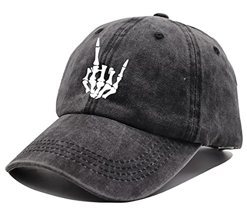 Image of Skeleton Hand Hat, Skull Finger Baseball Cap Adjustable Washed Distressed Denim for Men Women