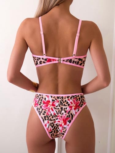 Image of Fanuerg Women's Triangle Bikini Sets O Ring Linked Two Piece Swimsuits Floral Printed Cheeky Bathing Suit