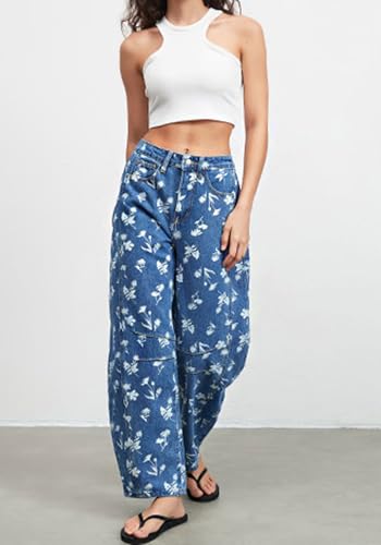 loveimgs Women Boyfriend Mid Rise Floral Print Jeans Denim Ankle Pants Y2k Flower Printed Straight Wide Leg Jeans Sweatpants3