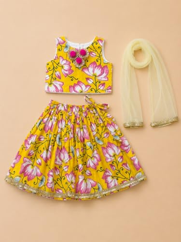 Image of A.T.U.N. (ALL THINGS UBER NICE) Baby Girls Cotton Ethnic Floral Lehenga Choli Set with Lace & Dupatta | Traditional 3-Piece Festive Outfit for Kids