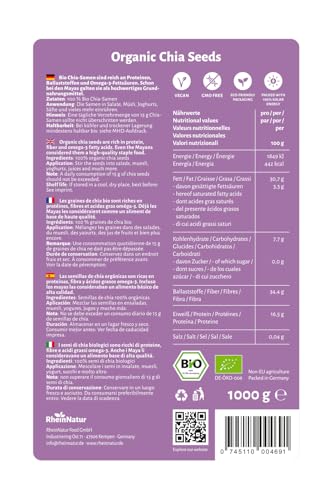RheinNatur Bio Chia Samen 1 kg - 100% Bio Chiasamen - Reich an Proteinen, Ballaststoffen & Omega-3-Fettsäuren - Ideal für Salate, Joghurt, Müsli & Chia-Wasser - 1000 g Beutel