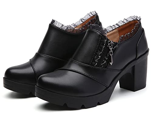 Dadawen Women's Casual Zipper Lace Platform Mid-Heel Square Toe Oxfords Dress Shoes Black Us Size 8 #TOP6