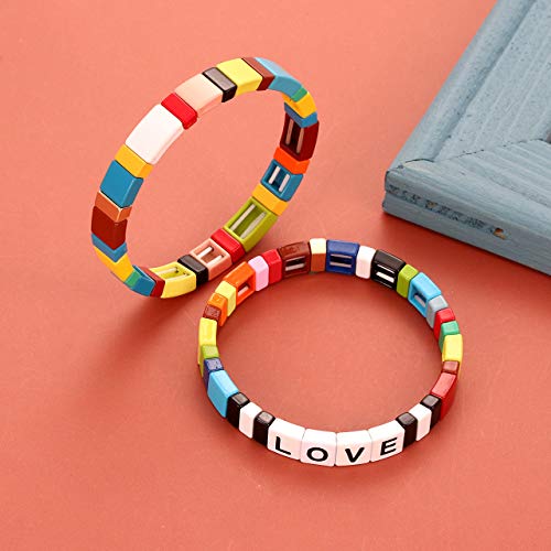 Hzeyn Enamel Tile Bracelet Stackable Rainbow Tile Bead Love Stretchy Bracelet Colorblock Enamel Brite Bracelet For Women Set Of 4 Strands #TOP6