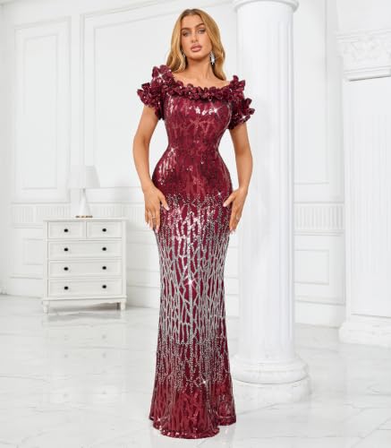 Image of dasmzper Women Sexy Sequin Off Shoulder Ruffle Short Sleeve Bodycon Mermaid Party Formal Evening Maxi Dress