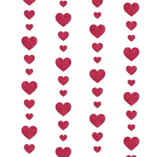 Pargleev Glitter Valentines Decorations Shining Red Hearts Hanging String Garland Decorations Engagement Wedding Party Pre-Assembled
