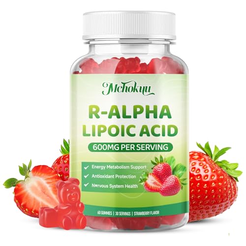 Mchokuu R Alpha Lipoic Acid 600mg Gummies, Stabilized R-Alpha Lipoic Acid, ALA Supplement for Nerve Health, Antioxidant & Metabolism Support- Vegan, Non-GMO, Gluten Free, Strawberry Flavor - 60 Count