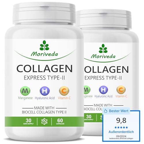 Collagen Express capsules avec collagène biocell Type-II -2 mois d'approvisionnement- acide hyaluronique, sulfate de chondroïtine, vitamine C - peau cheveux articulations - par MoriVeda 2x60 pièces