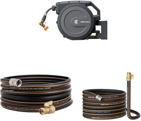 Giraffe Tools AW40 Garden Hose Reel 5/8 inch x 90 ft Wall Mounted+Giraffe Tools Garden Hose 35ft x 5/8", Female and male Fittings+Giraffe ToolsGarden Hose 50ft x 5/8", Male and Female Fittings