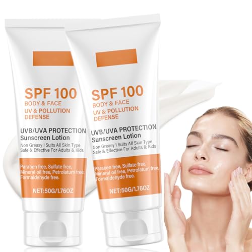 2Pcs Sunscreen SPF 100 Ultra Light UV Protetion Face Sunscreen Factor 100 Sun Cream for Face & Body Waterproof Moisturiser Sun Lotion Refreshing and Non-Greasy Suitable for All Skin Types