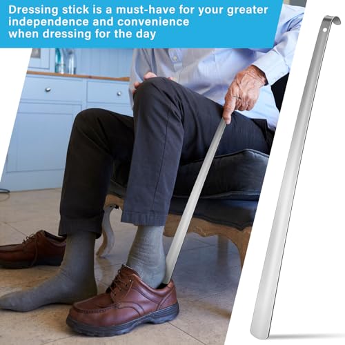 Geelin 2 Pcs 31.5'' Extra Long Handled Shoe Horn Metal Shoehorn for Men Women Multifunctional Stainless Dressing Stick for Elderly Disabled Limited Mobility, Standing Reach Assist for Senior (Silver)