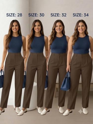 Image of KATECLO Women's High Waisted Formal Trousers - Regular Fit Straight Leg Dress Pants with Pockets for Office, Workwear, & Casual Smart Looks