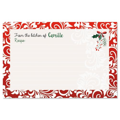 Red Damask Personalized Christmas Recipe Cards - 4 by 6 Inch Holiday Recipe Cards by Current
