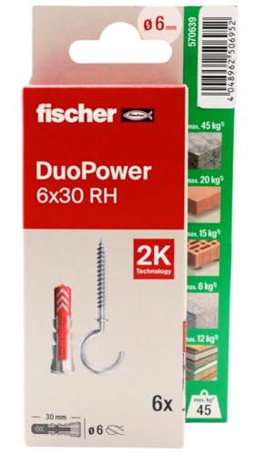 fischer - Duopower 6x30 Con Hembrilla Abierta- 4U, Tacos para pared multimaterial, sirven para Colgar Bicicletas, Cuadros, Armarios, Soportes de Televisión, Estanterías, Muebles.
