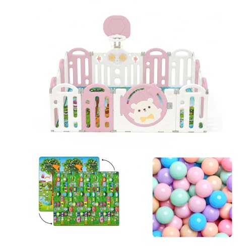 Image of Kids Station Pink Bear Baby Playpen 180 x 200 with Playmat, Basketball Hoop & 20 Balls, Spacious Safety Play Yard for Babies & Toddlers, Indoor /Outdoor Use, Sturdy Frame