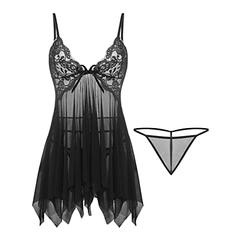 Style Lockers® Women's Sexy Lace Lingerie Set V Neck Mesh Babydoll Sleepwear with G-String Nightwear Outfit (Black, XL) Cover