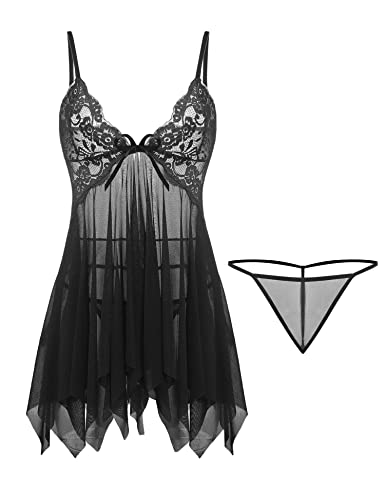 Style Lockers® Conjunto de lencería sexy de encaje para mujer, con cuello en V, malla y babydoll con tanga, Negro, XL Cover