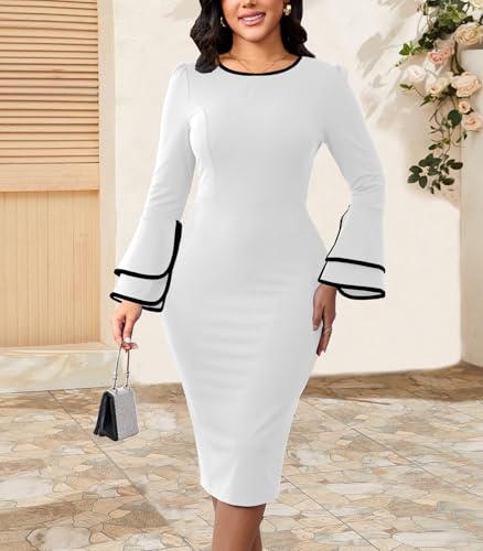 Image of Church Dress for Women Flared Sleeve Midi Pencil Dress Elegant Teacher Office Business Wear to Work Dresses