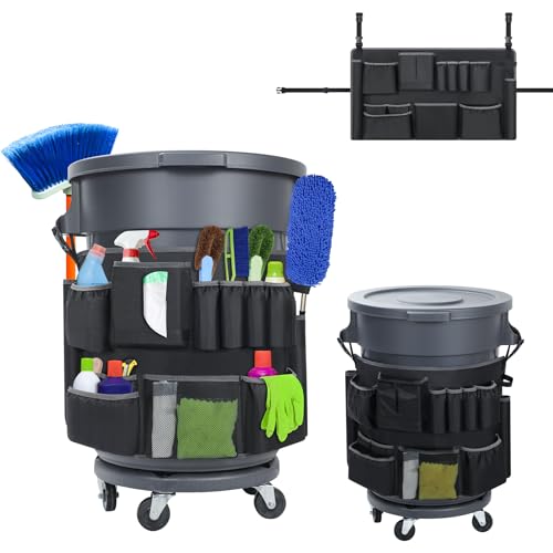 Image of Trash Can Caddy Bags Fit 32-55 Gallon Garbage Bin, Garbage Bin Caddy Bag with 13 Pockets Compatible with Brute & Uline, Commercial Cleaning Supplies Organizer Bag & Janitorial Duties(1PCS)
