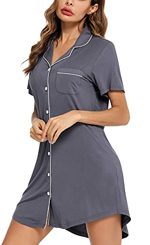 Image of Samring Pajama Nightgown for Women Short Sleeve Button Down Boyfriend Night Gown Nightdress Sleep Shirts