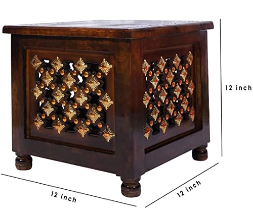 Image of Bros Moon Elegant and Sturdy Favourite Table Antique Classy Wooden Stool for Living and Bed Room (Elegent Wooden Stool, 15 inches)