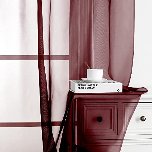 OWENIE Sheer Curtains, Sheer Curtains 84 inch Length 2 Panels Set, Rod Pocket Voile Fimly Sheer Drapes for Living Room/Bedroom, 2pcs, Each 42" W x 84" L, Burgundy - Thumbnail 4