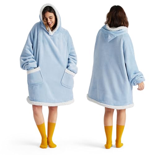 Bedsure Blanket Hoodie, Wearable Blanket for Adults & Kids as Gifts for Women Men, Birthday Gifts for Women Mom Girl Sherpa Oversized Hoodie, Sky Blue, Standard