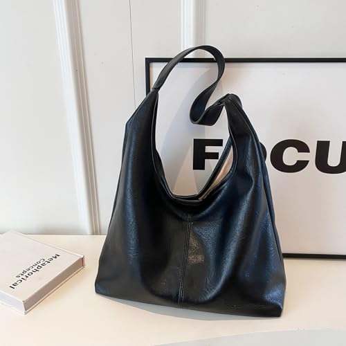 Image of Leather Hobo Bags for Women Slouchy Tote Bag Retro PU Leather Purse Soft Shoulder Handbags Large Work Tote Bag 2pcs