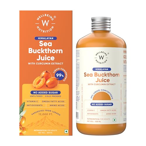 Image of Wellbeing Nutrition Himalayan Sea Buckthorn Pulp With Curcumin Extract |Cold-Pressed, Liquid Concentrate Juice| Natural Vitamin C, Omega 3, 6, 7, 9 & Antioxidants |Supports Immunity, Skin Glow & Gut Health| 500ml