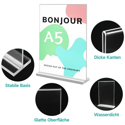 Yoosso 4 Stück Tischaufsteller, A5 Tischständer T Form Preisschilder Acryl Werbeaufsteller Display Doppelseitig für Werbung Menükarte Büro Cafe Restaurant (21 x 14,8cm)