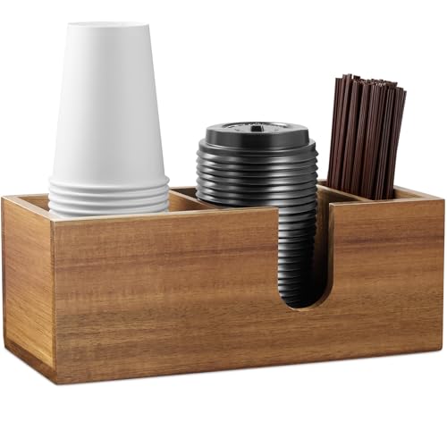 ALELION Acacia Wood Coffee Cup Holder for Countertop - Wood Coffee Bar Accessories and Organizer - Coffe Station Organizer for Cup Lid Stirrers Pod
