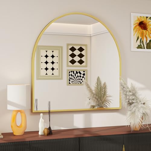 Image of BEAUTYPEAK 31 inchx32 inch Arch Bathroom Mirror, Wall Mounted Vanity Metal Frame Mirror for Bedroom, Entryway, Living Room, Gold