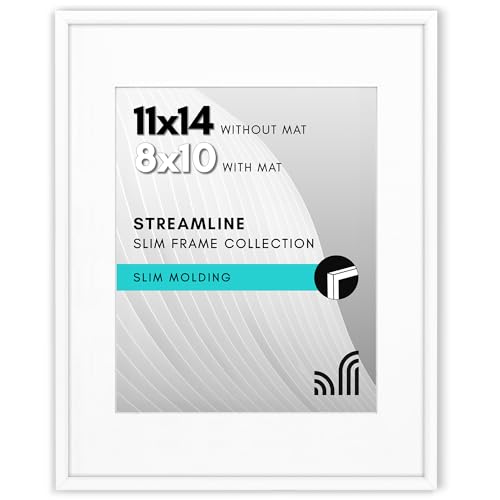 Americanflat 11x14 Picture Frame with Shatter-Resistant Glass - Use as 8x10 Frame with Mat or Display 11x14 Photo Without Mat - Streamline Collection - Thin Border Picture Frames for Wall - White by Americanflat - Used condition - US$9.78