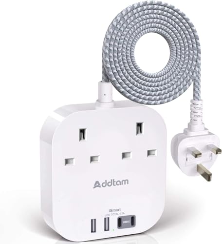 Extension Lead Power Strips with 2 Way Outlets 4 (4.5A 2 Type C and 2 USB-A Port) Surge Protection Plug Extension Socket with 1.6M Braided cord for Home Office