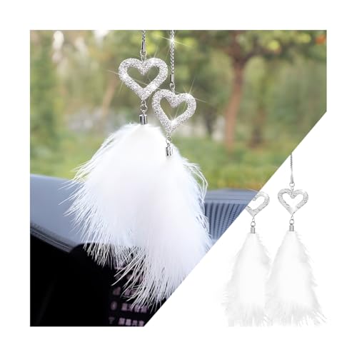 Zpana Bling Car Hanging Accessories, Crystal Rhinestone Love Heart Feather Vehicle Rear View Mirror Ornament Pendant, Lucky Diamond Auto Interior Rearview Charm Decoration, Universal Fit