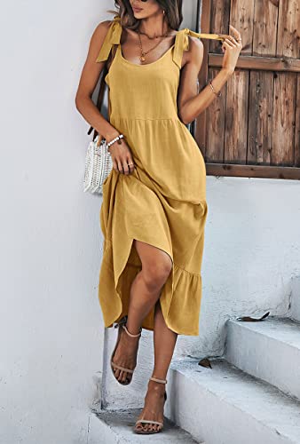 Image of chouyatou Women's Summer Adjustable Spaghetti Strap Solid Ruffle Swing Midi Dress